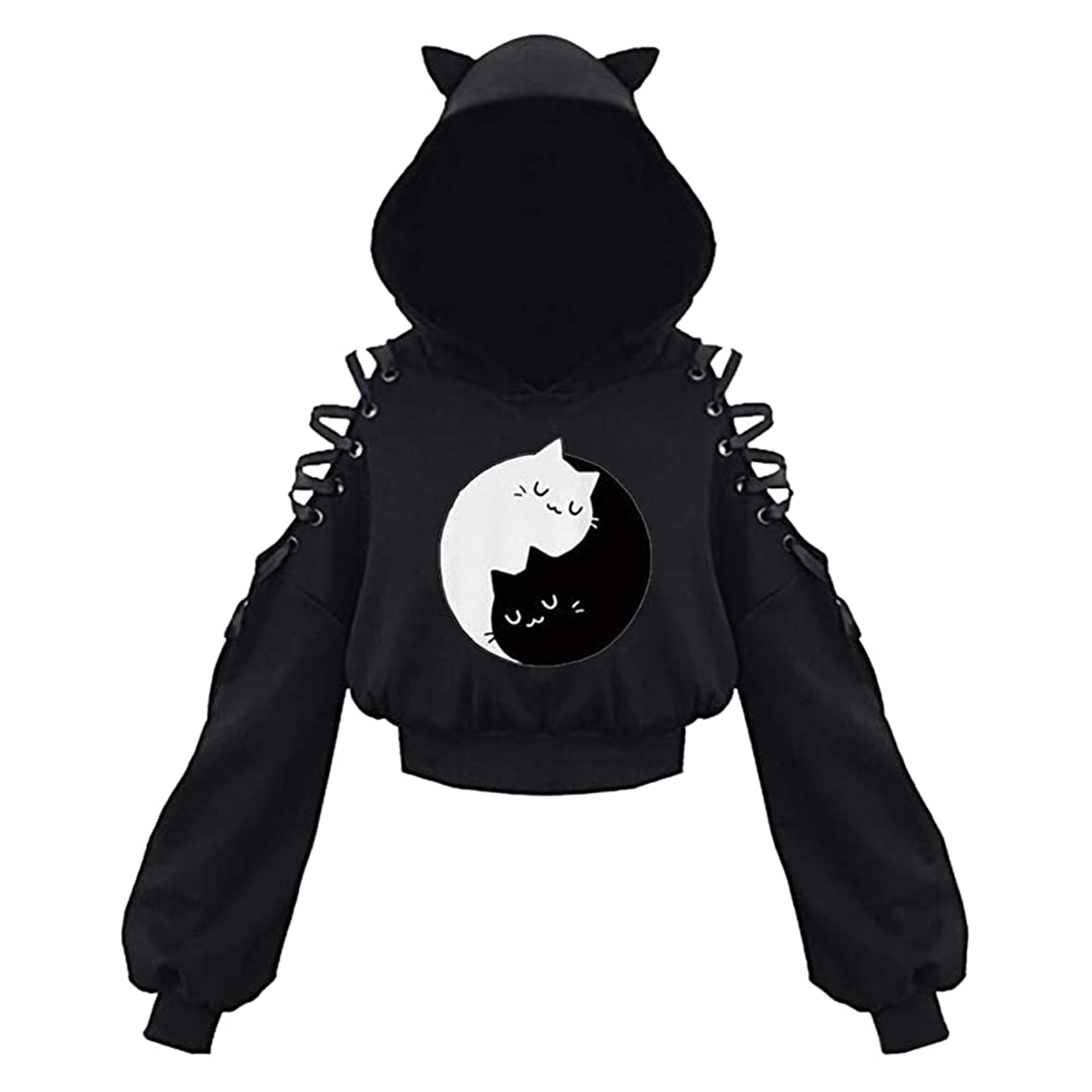 Women's Hoodies Sweatshirts Women Long Sleeve Hoodies Kawaii Cat Ears Hoodie Gothic Punk Harajuku Cold Shouler Bandage Gothic Black Sweatshirts 2