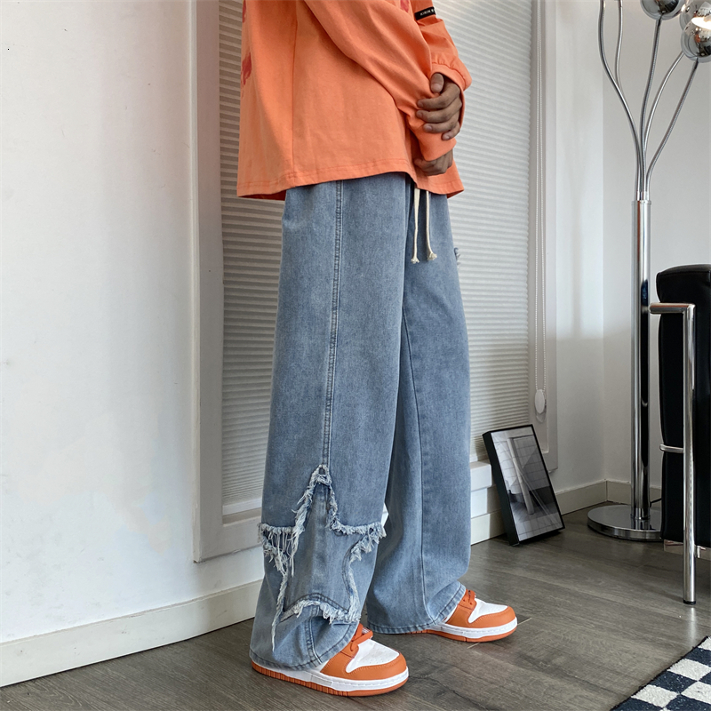 Mens Jeans High Street Star Embroidered Baggy Men Retro Washed Patch Loose Wide Leg Pants American Casual Straight Y2K 230809