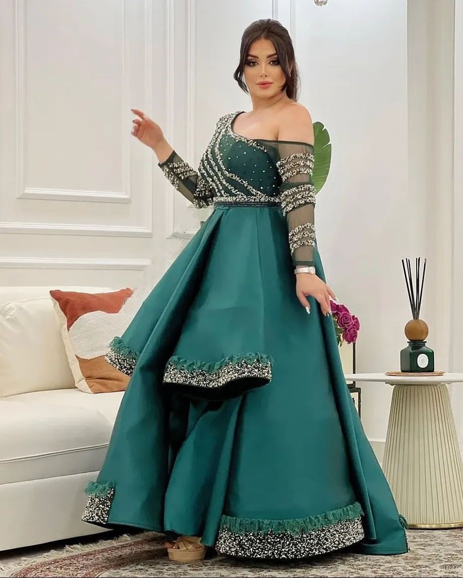 Arabic Mermaid Evening Dresses One Long Sleeves Beading Applique African Women Muslim Prom Gowns Formal Occasion Party Wear