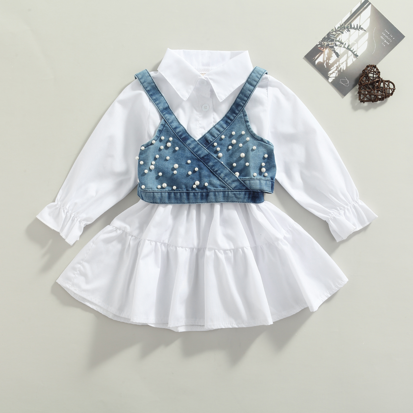 Clothing Sets Fashion Children Baby Girl Clothes Solid Color Long Sleeve Shirt Dress Denim Beading Vest 2Pcs Outfits Clothes 230809