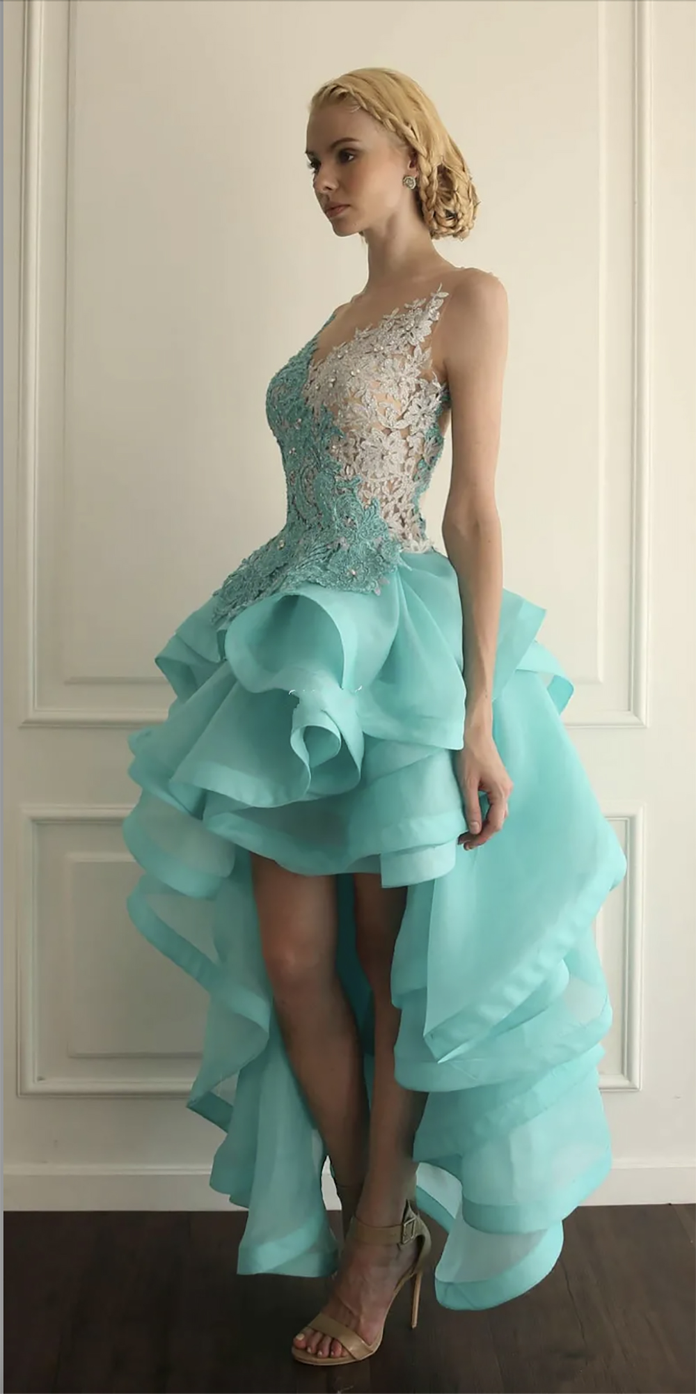 Lace Modest Organza Applique Homecoming Dresses High Low Ruffles Mint Green Tail Party Dress Formal Mini Graduation Gowns