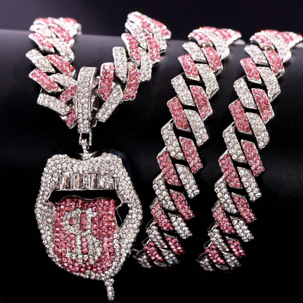 Pendant Necklaces Hip Hop Pink Bite Lip Shape Pendant Necklace for Women with Bling Iced Out Silver Color Cuban Link Chain HipHop Necklace Jewelry 230