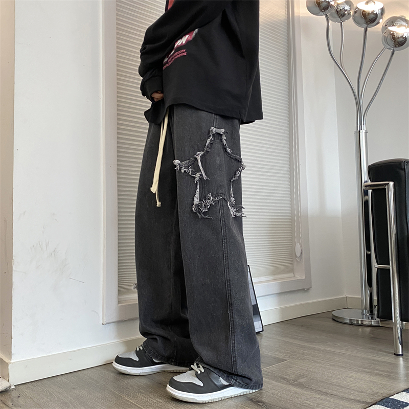 Mens Jeans High Street Star Embroidered Baggy Men Retro Washed Patch Loose Wide Leg Pants American Casual Straight Y2K 230809