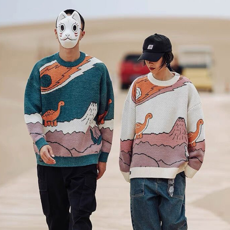 Men's Sweaters 2023 spring Cartoon Dinosaur Knitted Sweater Men Women Winter Vintage Loose Pullover Casual Streetwear Pull Homme 230808