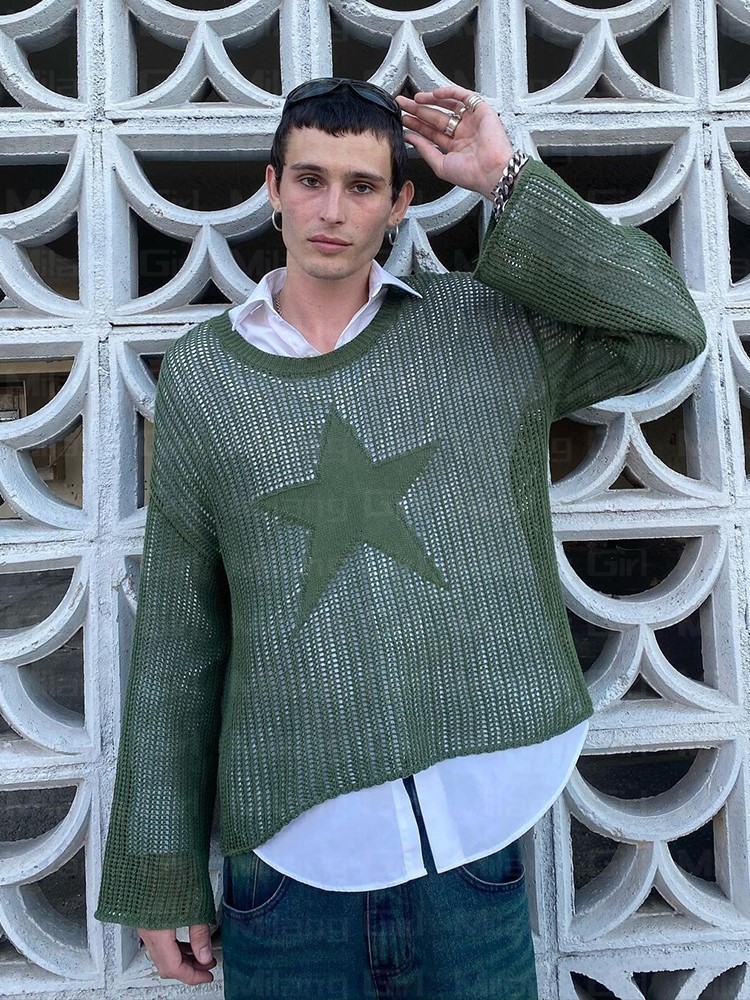 Men's Sweaters Men's sweater Harajuku Hollow Out Knit Pullovers Crewneck Autumn Vintage star graphic Grunge Top Fashion Cotton Sweater women