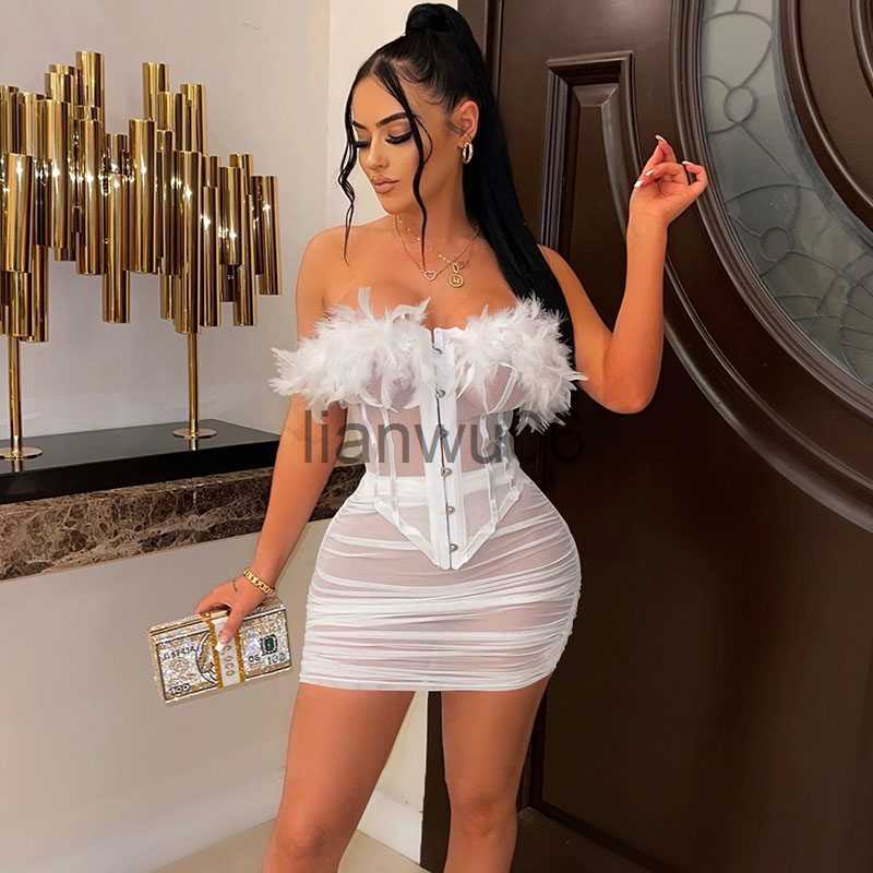 Basic Casual Dresses Sexy Mesh Seethrough Womens Two Piece Sets Clubwear Birthday Outfits Feathers Strapless Corset Tops and Mini Skirt Matching Set J2308009