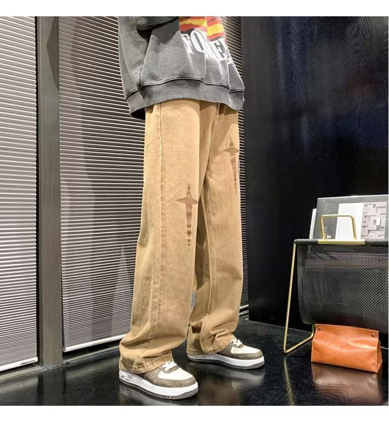 Mens Jeans Retro Print Neutral Wide Leg Denim Trousers hip hop Loose Straight Men Man Casual Baggy man Pan 230809