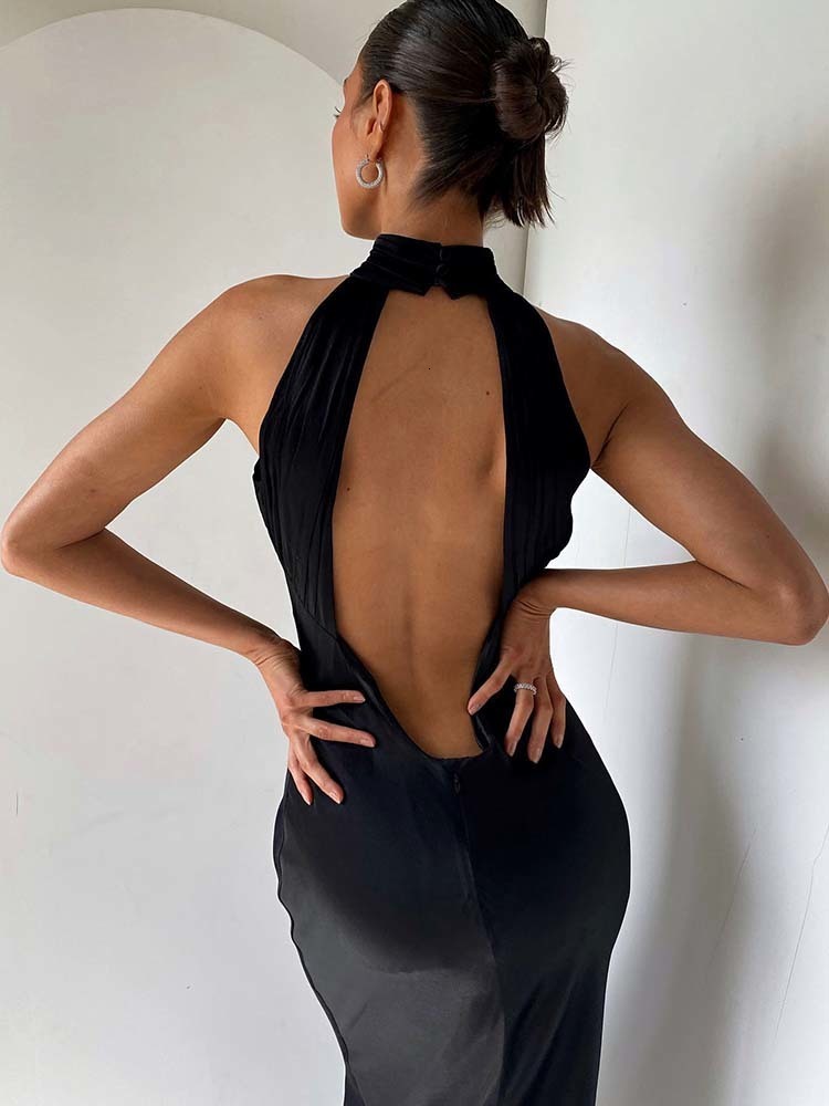 Urban Sexy Dresses Elegant Sexy Satin Long Dress Women Turtleneck Backless Slim Bodycon Dresses Female Fahsion Party Maxi Dress Vestidos Robes 230808
