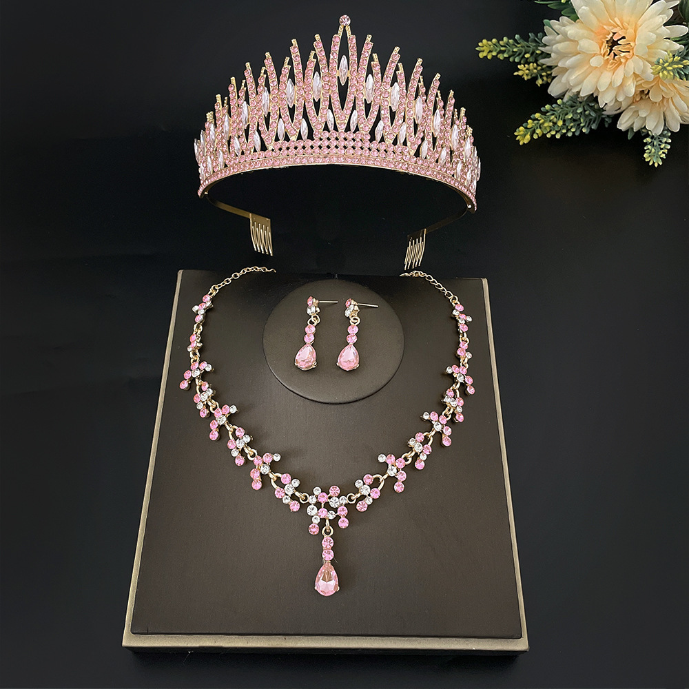 Wedding Hair Jewelry Fashion Pink Crystal Bridal Tiara Crown Women Queen Princess Necklace Sets Fashion Jewelry Set Diadems 230808