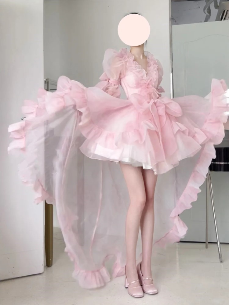 Urban Sexy Dresses Women Organza Chic Pink Asymmetrical Dress Vintage Summer Mini Birthday Female Ruffles Party Vestidos Lady Holiday Puff Dress 23080