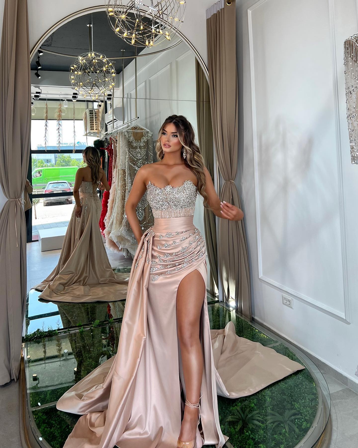 Elegant Champagne Mermaid Evening Dresses with Detachable Overskirt Beads Strapless Party Prom Dress Split Formal Long Red Carpet Dress for special oc