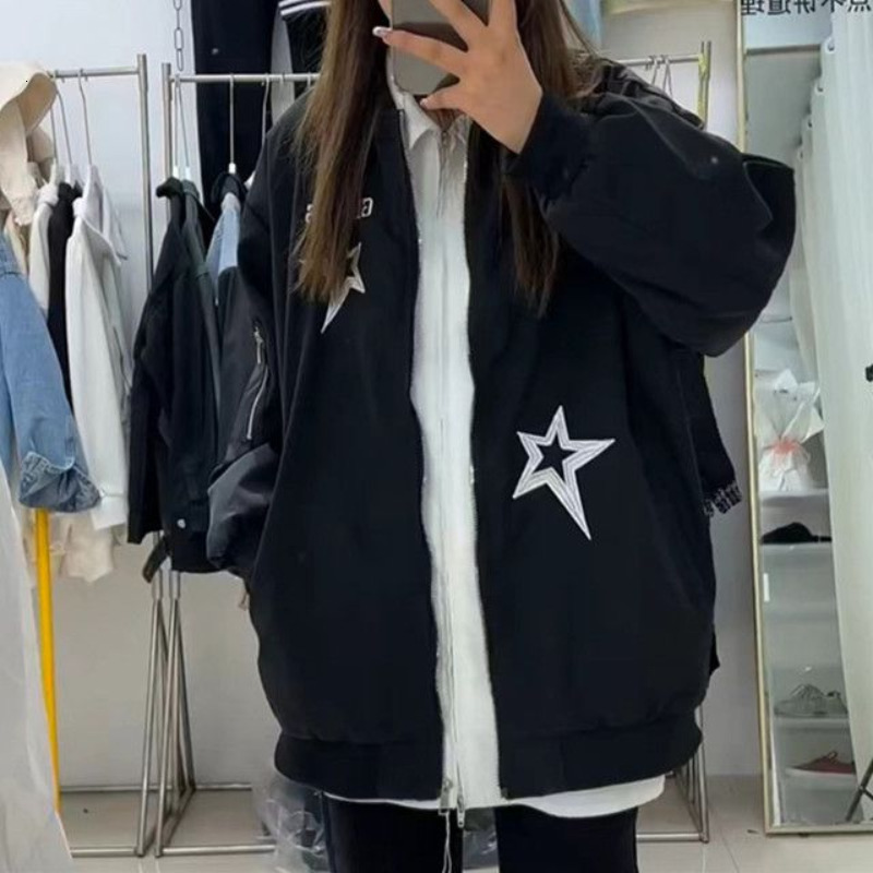 Womens Jackets HOUZHOU Vintage Bomber Jacket Women Embroidery Star Girl Y2k Streetwear Windbreaker Oversized Harajuku Korean Fashion 230808