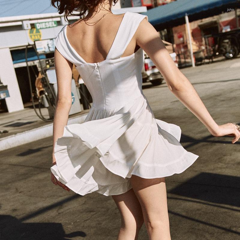 Casual Dresses Gaono French Style Chic Women Romper A-line Dress Summer Button Decro Sleeveless Slim Fit Playsuit Ruffle Hem Mini Holiday