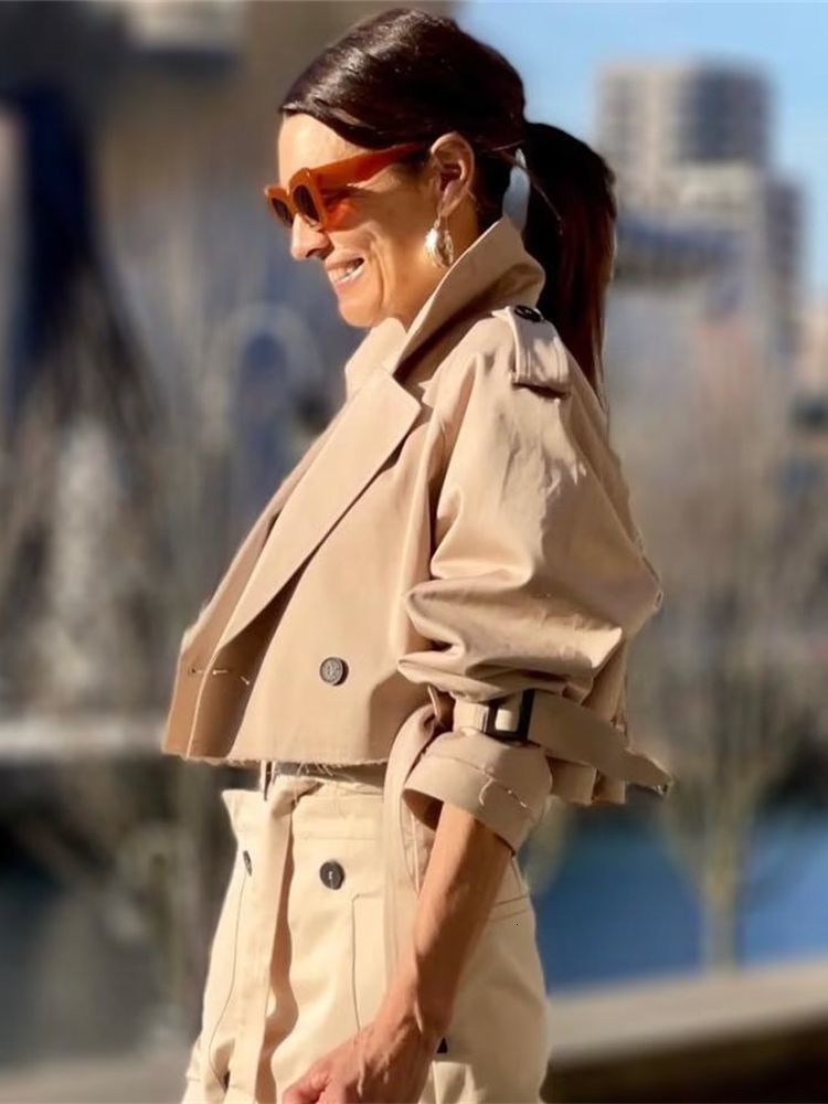 Womens Jackets Ladies Short Oversized Cropped Trench Coat Women Jacket Lapel Collar Long Sleeve Outerwear Chic Loose Tops Female 230808