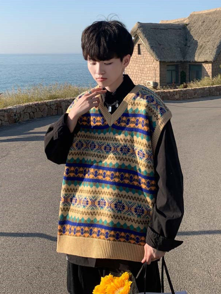Men's Vests Gmiixder Japanese Retro Knitted Vest Men's Trend Ethnic Style Oversize Trendy Top Handsome Streetwear V-neck Sweater Undershirt 