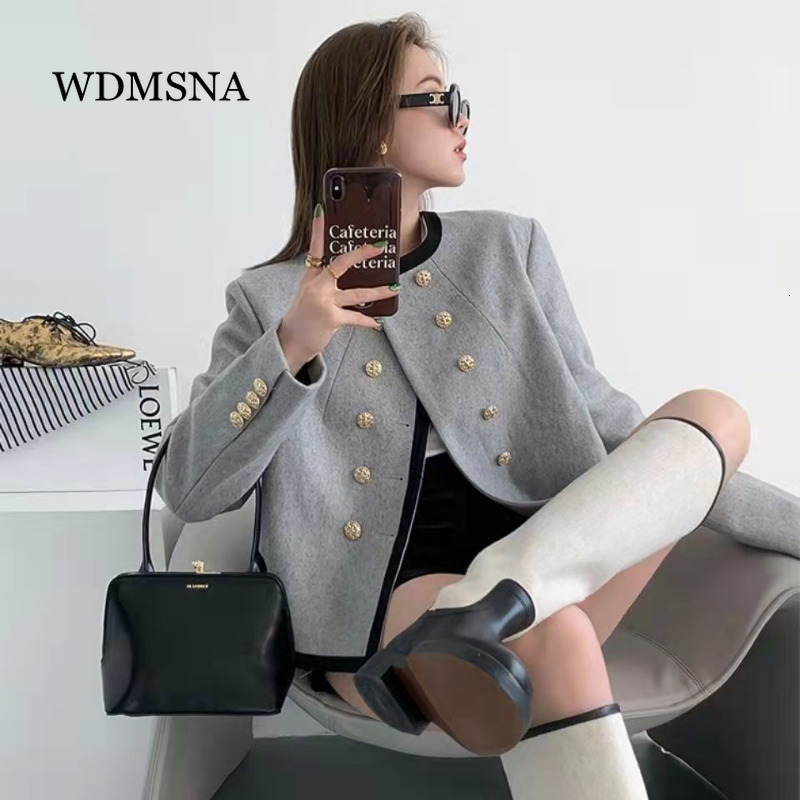 Womens Jackets WDMSNA Grey Irregular Small Fragrant Round Neck Coat Spring French Double Breasted for Women Short Wool Suit Top 230808
