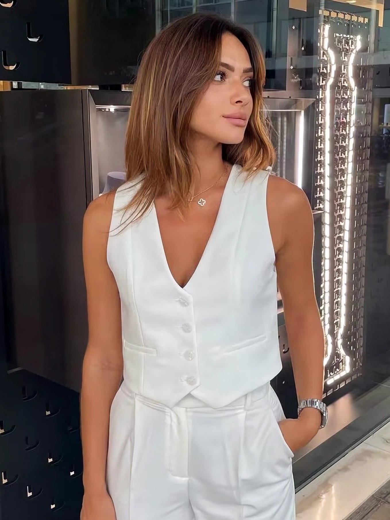 Women's Vests HDIMM TRAF Fashion Women's Vest Summer Sleeveless Tank Tops Female Vintage V-Neck Single-breasted Vests In 230808