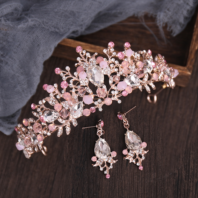 Wedding Hair Jewelry Rose Gold Silver Color Pink Crystal Bridal Tiara And Crown Handmade Queen Princess Diadem With Earring Women Wedding Accessories 