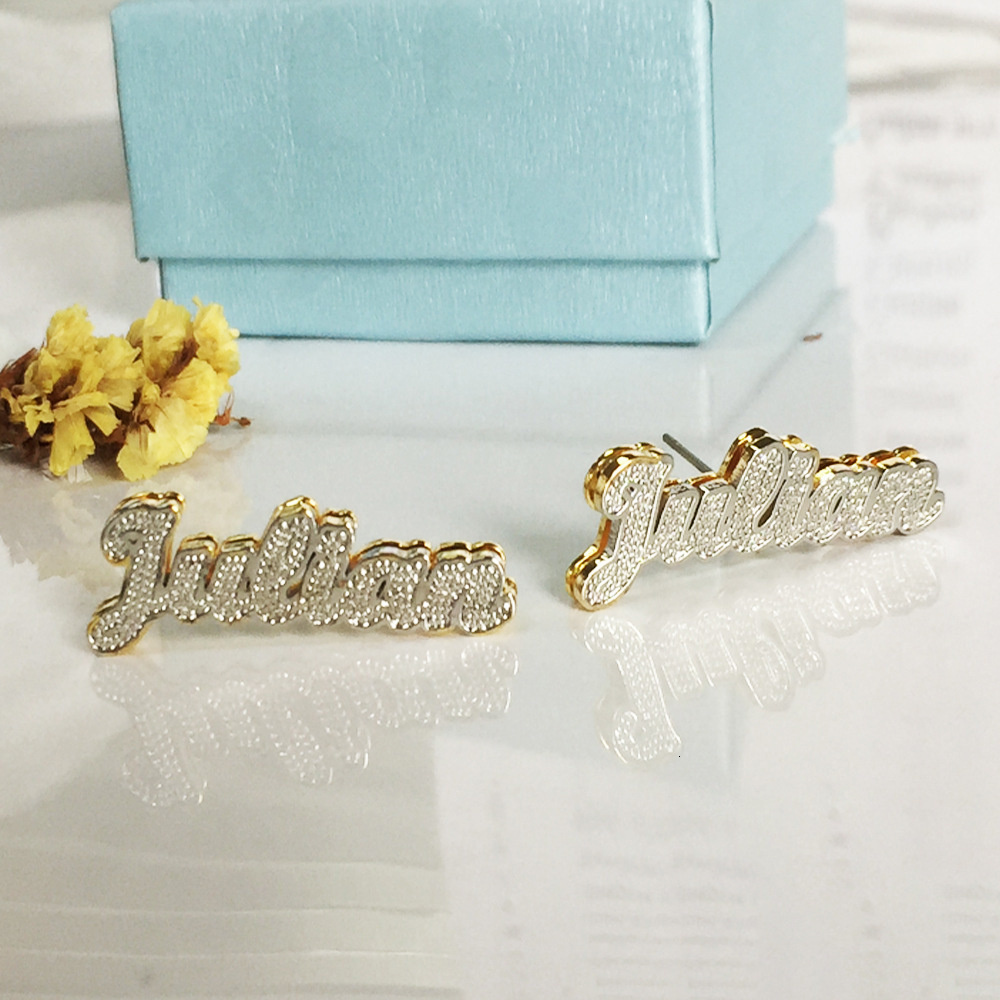 Hoop Huggie Double Layer Nameplate Earrings Personalized Custom Name TwoColor Ear Studs For Women Letter Name Earrings 230808