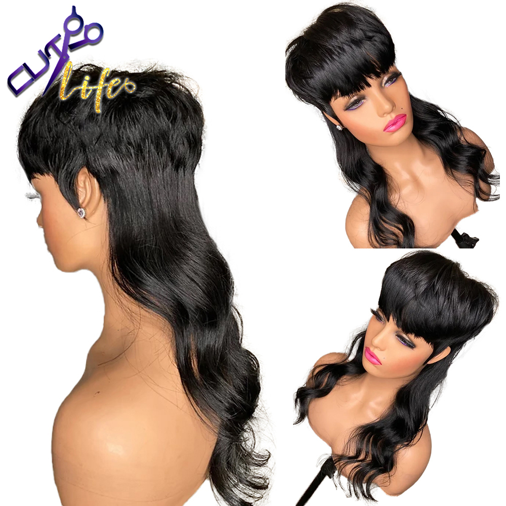 Synthetic Wigs Full Machine Made Wig With Bangs Mullet 18 Inches Body Wave Glueless Brazilian Human Hair Wigs For Women Short Pixie Cut Wigs 230808