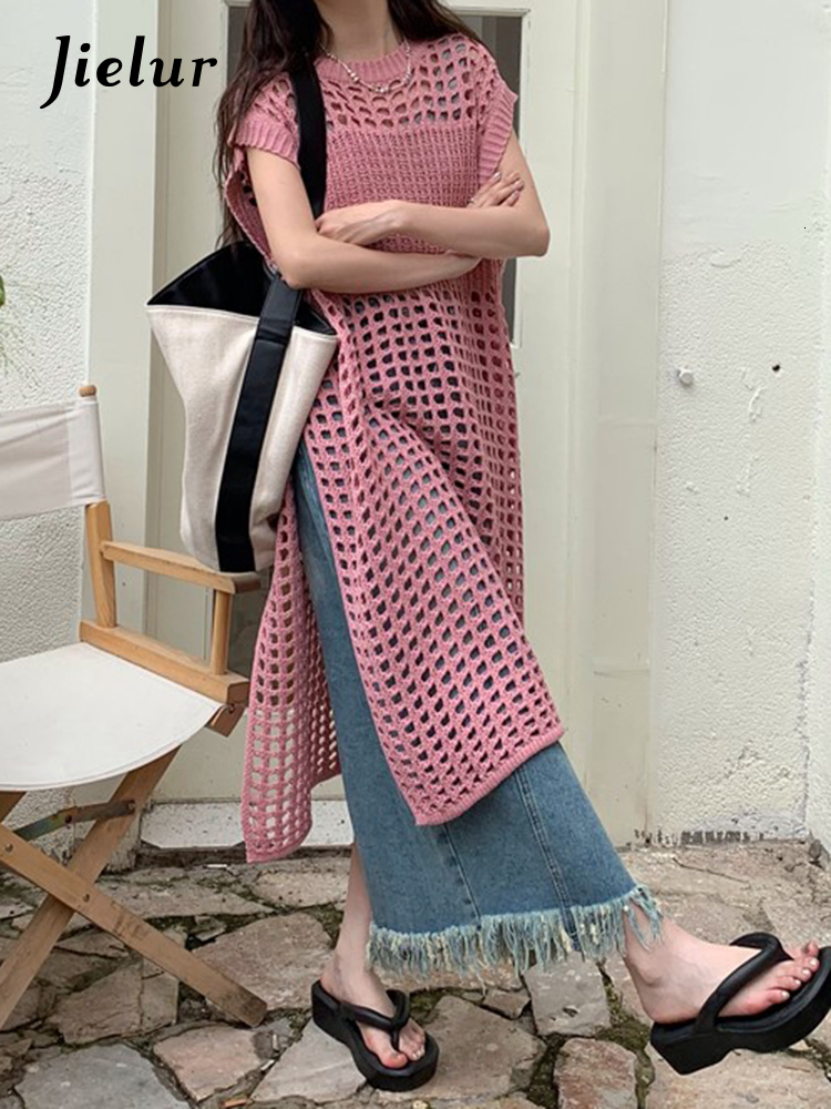 Urban Sexy Dresses Jielur Summer Y2K Hollow Out Women's Dress Chicly Solid Sweet Sexy Dress Woman Pink Korean Loose Fashion Dresses Female 230808