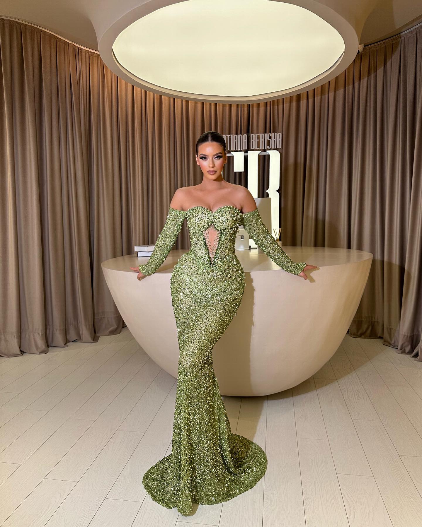 Green Sequins Mermaid Evening Dresses Off Shoulder Keyhole Neck Pearls Party Prom Formal Long Red Carpet Dress For Special Ocn 6660306