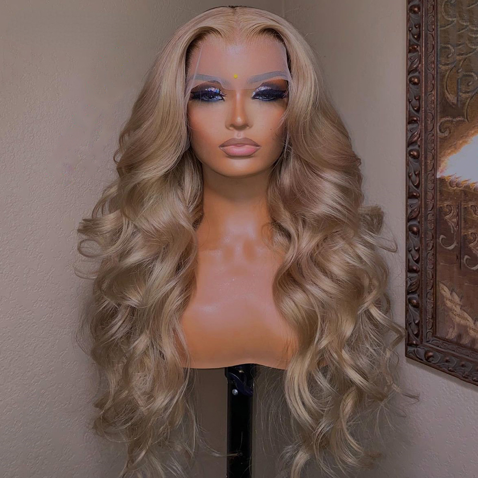 Brazilian Full Light Ash Blonde Colored Glueless13x4 Lace Frontal Wig Body Wave Honey Blonde Synthetic Lace Closure Wig For Women