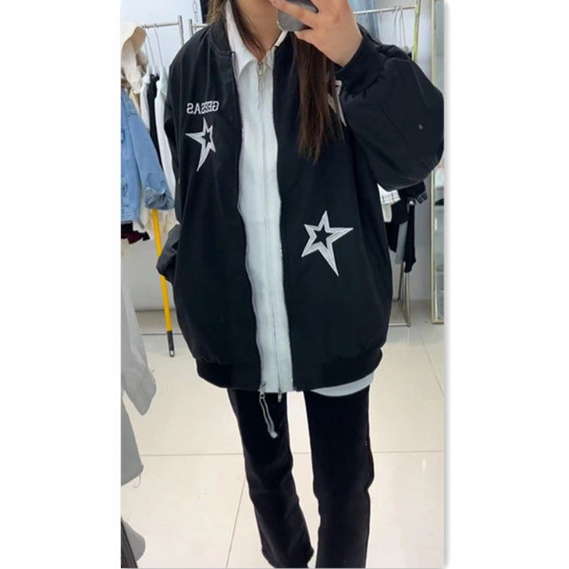 Womens Jackets HOUZHOU Vintage Bomber Jacket Women Embroidery Star Girl Y2k Streetwear Windbreaker Oversized Harajuku Korean Fashion 230808