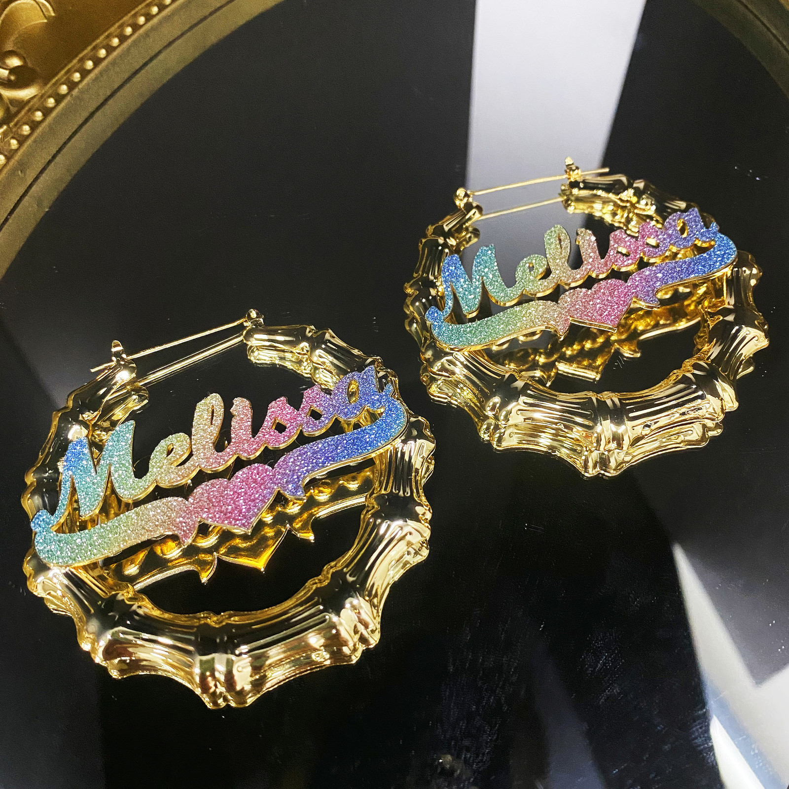 Hoop Huggie Custom Name Bamboo Earrings Bling Name Earrings Personalized Stainless Steel Name Hoop Earrings Bamboo Hoops For Women Girls 230808