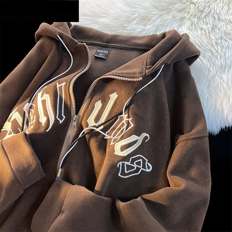 Womens Jackets American Vintage Letter Embroidery Zipper Hooded Jacket Couple Loose Fashion Street Long Sleeve Cardigan Coat women jacket 230808