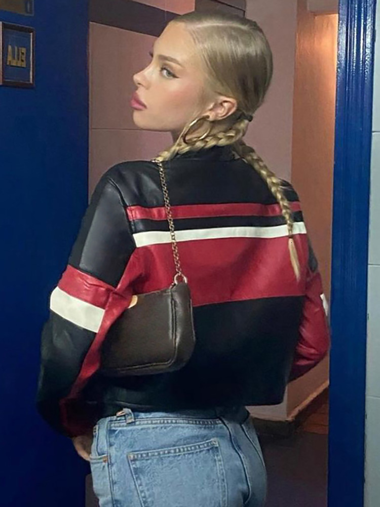 Womens Jackets Absobe PU Color Contrast Zipper Short Jacket Women Coats Half Turtleneck Motorcycle Slim Outerwear tie Outfit Y2K Streetwear 230808