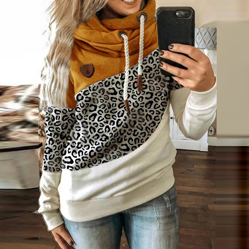 Women's Hoodies Sweatshirts Women Patchwork Hooded Sweatshirt Autumn Winter Leopard Print Harajuku Drawstring Long Sleeve Pullover Tops Female 23