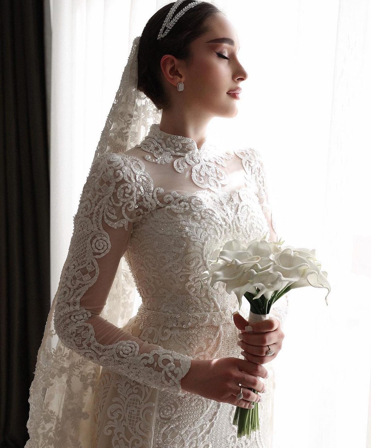 Elegant Mermaid Wedding Dress Lace Appliques High Neck Bridal Gowns Long Sleeve Sweep Train Bride Dresses vestido de casamento