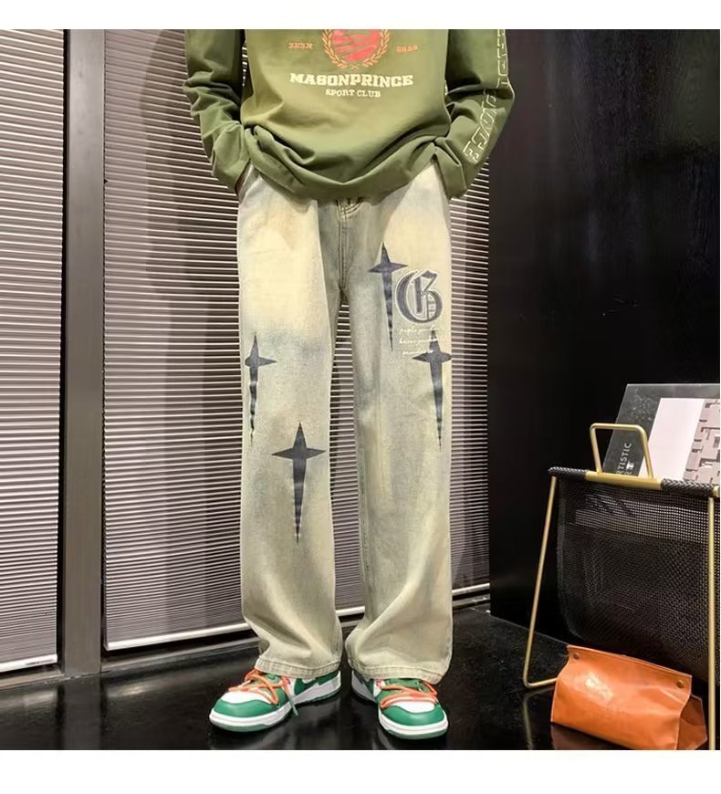 Mens Jeans Retro Print Neutral Wide Leg Denim Trousers hip hop Loose Straight Men Man Casual Baggy man Pan 230809