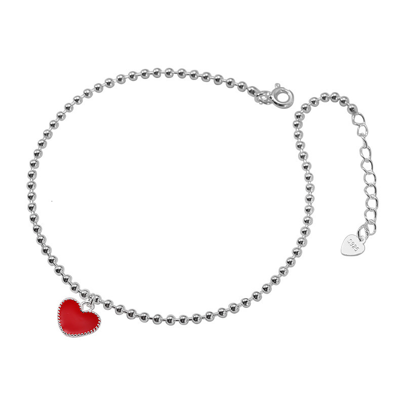 Anklets Real 925 Sterling Silver Red Heart Anklets Woman Beads Ankle Bracelet On The Leg Chain Women Barefoot Summer Jewelry 230808