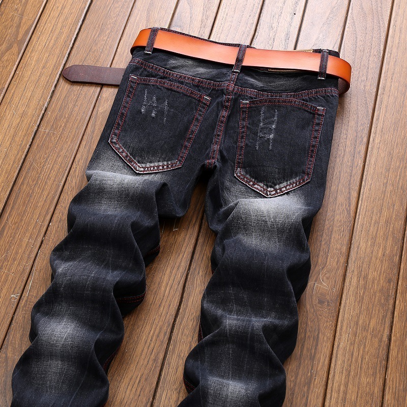Mens Jeans Black Embroidery Straight High Street Pants Hip Hop Full Length Distressed Wash Vintage Trousers Daily Versatile Y2k 230809