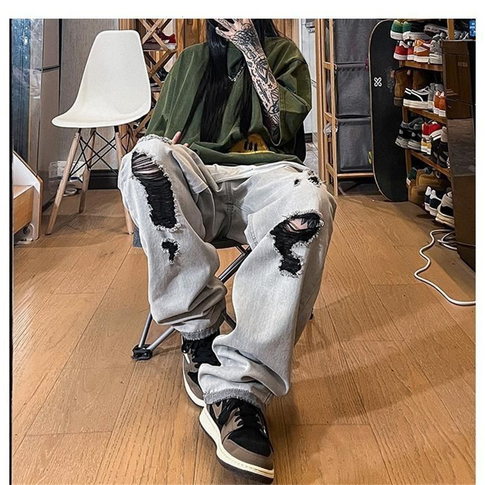 Men's Jeans Men Anklelength Holes Solid Retro Streetwear Allmatch Teen Straight Trendy Loose Leisure Harajuku High Street Chic 230809