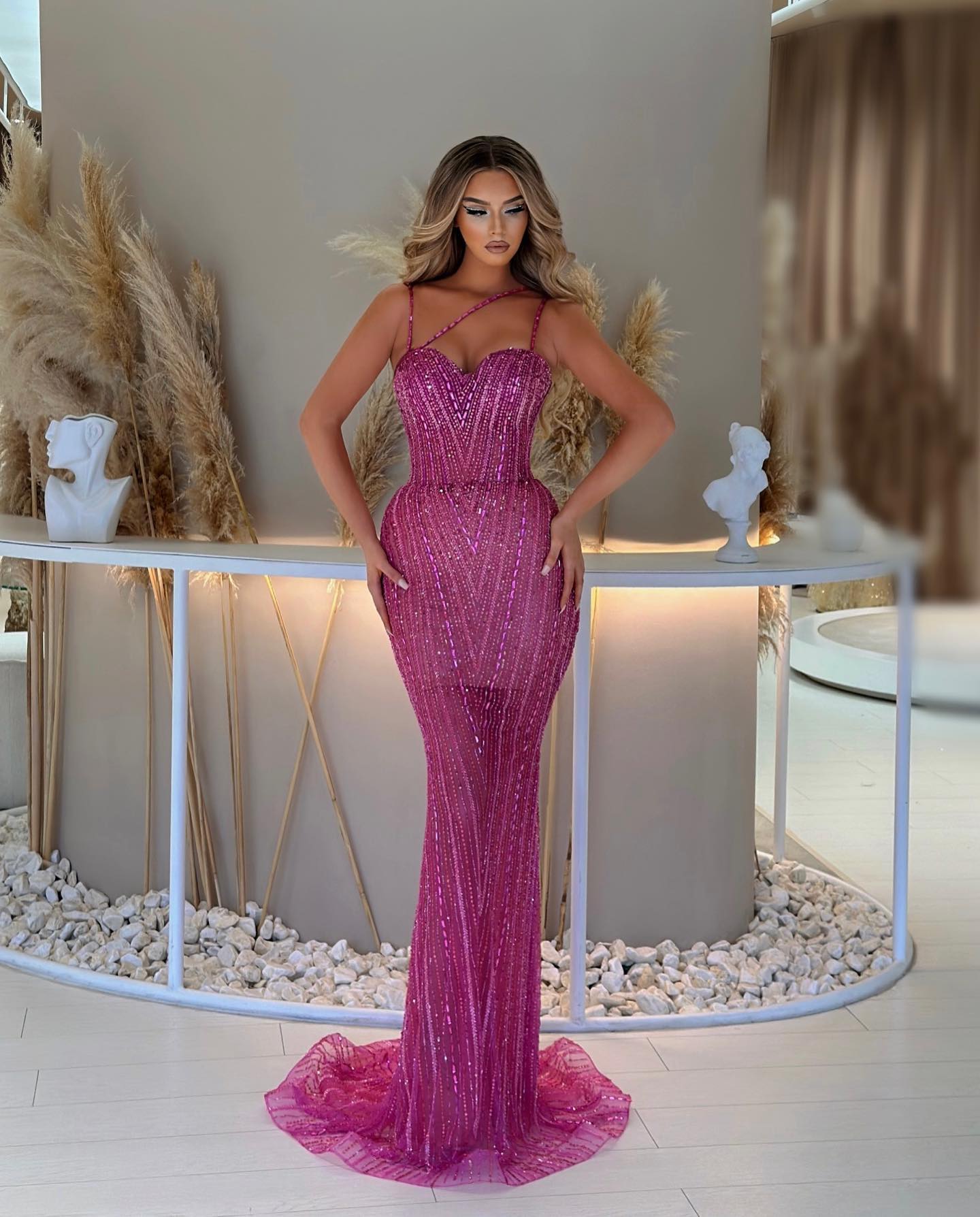 Crystal Dia Mermaid Evening Dresses Rosy Pink Beads Straps Party Prom Mor Beading Formal Long Red Carpet Dress For Special Ocn Lz0304