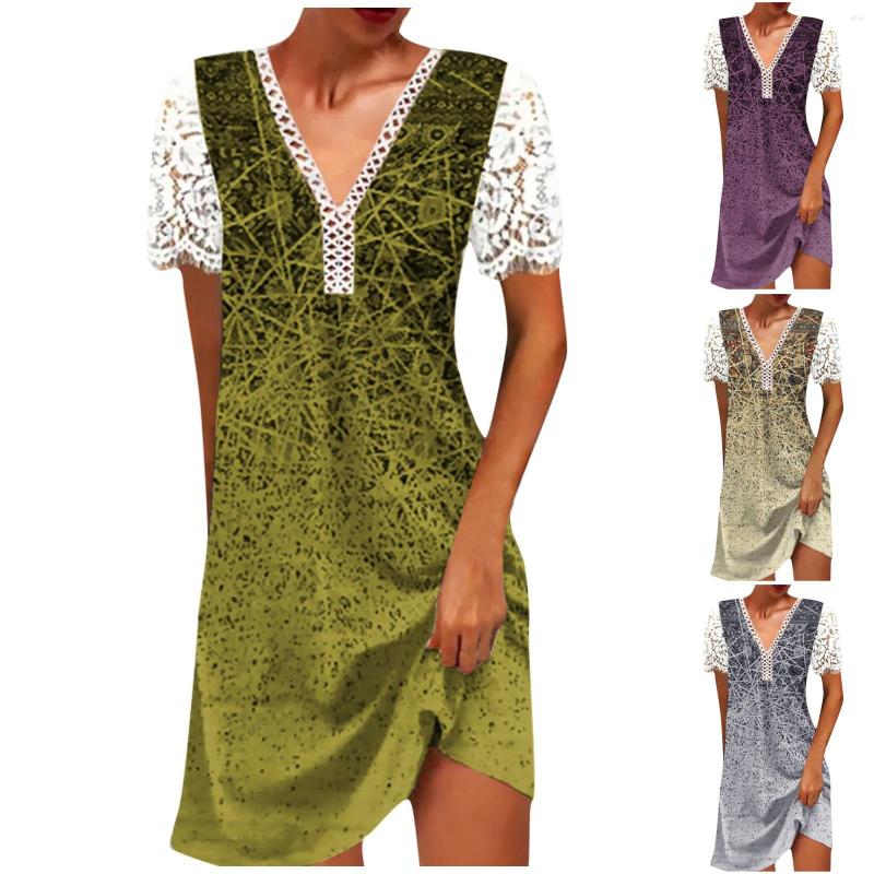 Casual Dresses Women Sexy Beach Dress V Neck A Line Short Sleeve Lace Holiday Daily Wear Patchwork Skirt Solid Color Loose Mini
