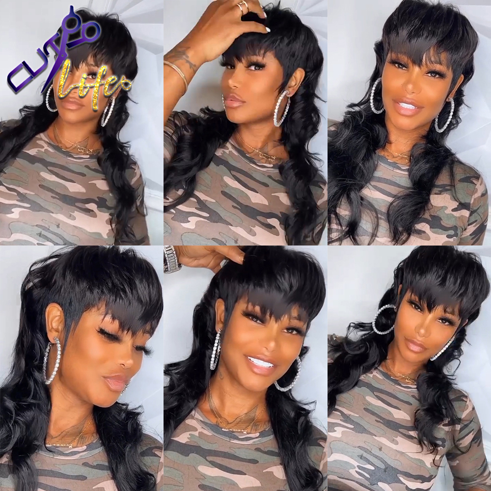 Synthetic Wigs Full Machine Made Wig With Bangs Mullet 18 Inches Body Wave Glueless Brazilian Human Hair Wigs For Women Short Pixie Cut Wigs 230808