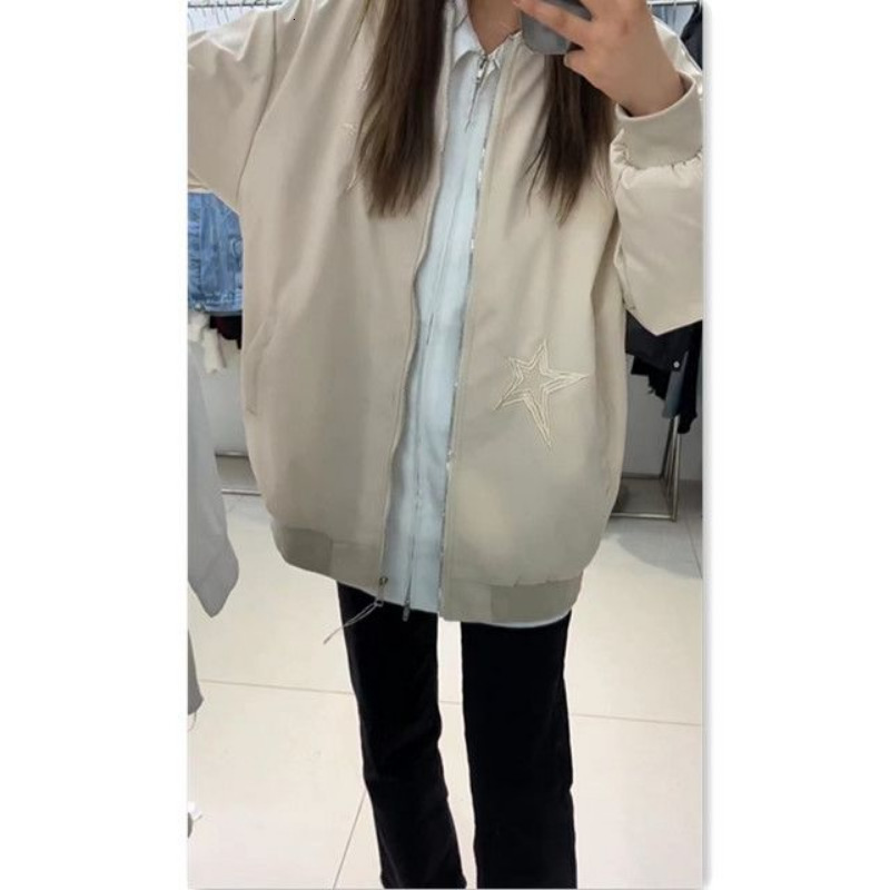 Womens Jackets HOUZHOU Vintage Bomber Jacket Women Embroidery Star Girl Y2k Streetwear Windbreaker Oversized Harajuku Korean Fashion 230808