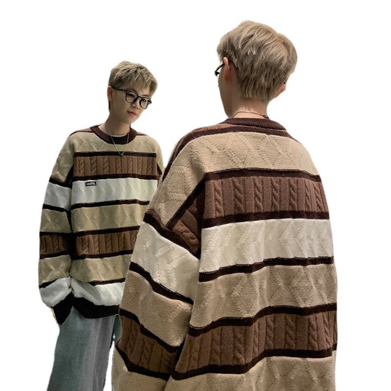 Men's Sweaters Autumn Contrast Color Striped Sweater Men Fashion Winter Round Neck Long Sleeve Loose Casual All-match Pullovers Tops 230808
