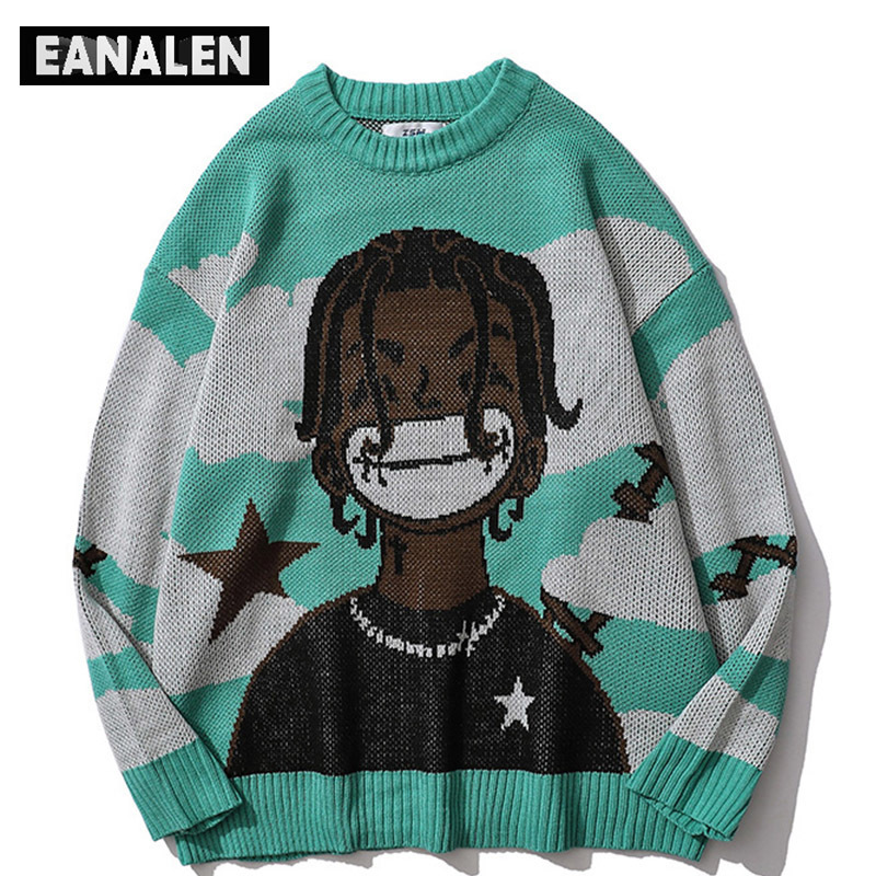 Men's Sweaters Harajuku vintage cartoon anime knitted sweater men winter oversized men's rock hip hop rap pullover women jumper ugly sweater