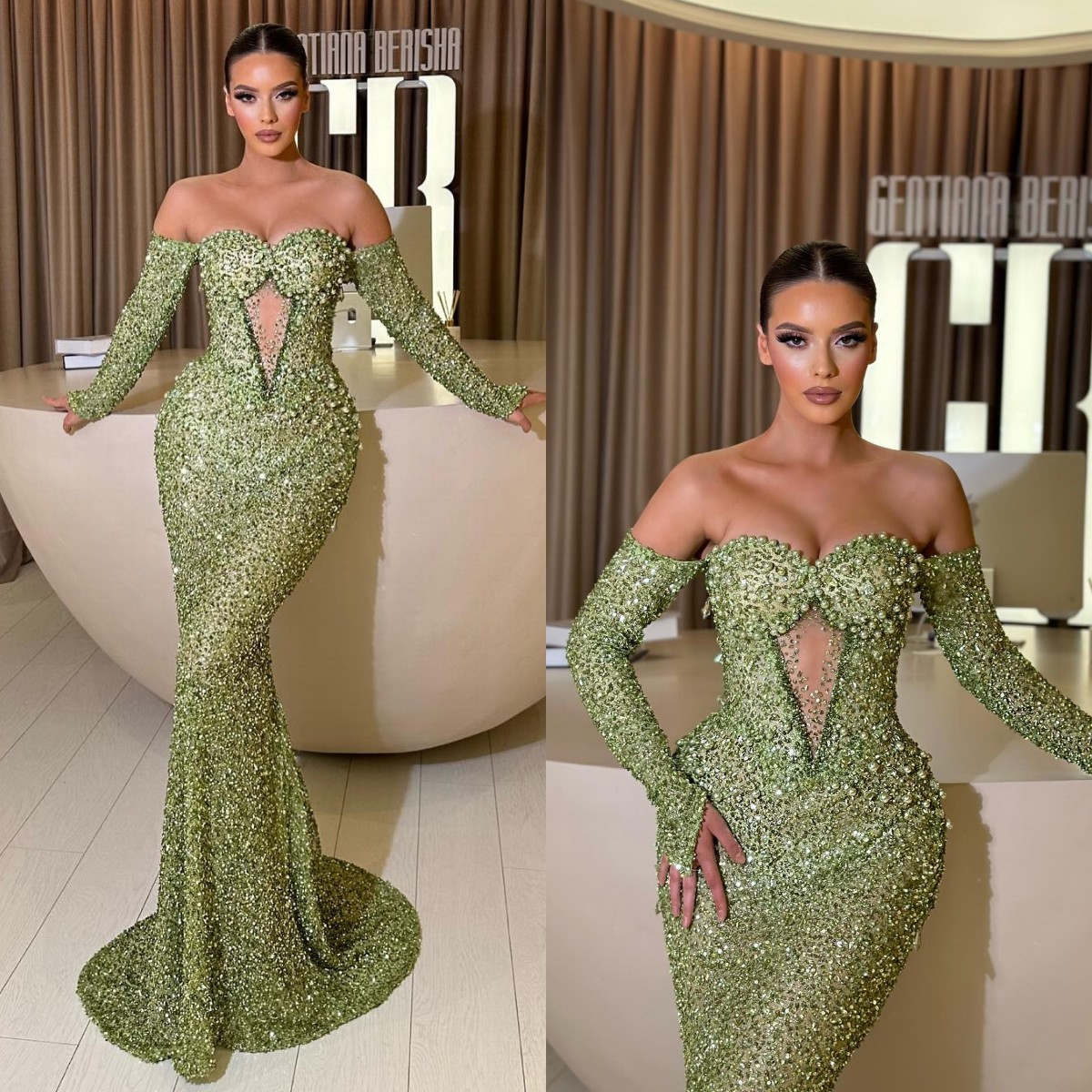 Green Sequins Mermaid Evening Dresses Off Shoulder Keyhole Neck Pearls Party Prom Formal Long Red Carpet Dress For Special Ocn 6660306