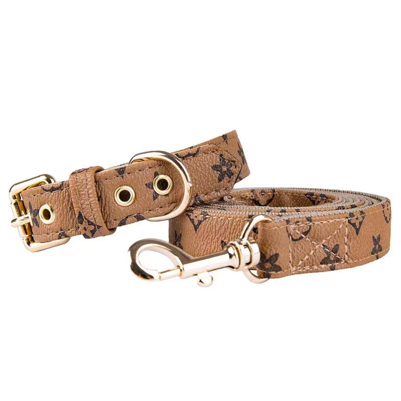 Collar Two Layers of Leather Dog Collars Leashes Set Classic Printed Designer Pet Collar Leash Soft Durable Cat Collar for Small Medium and Large Dogs