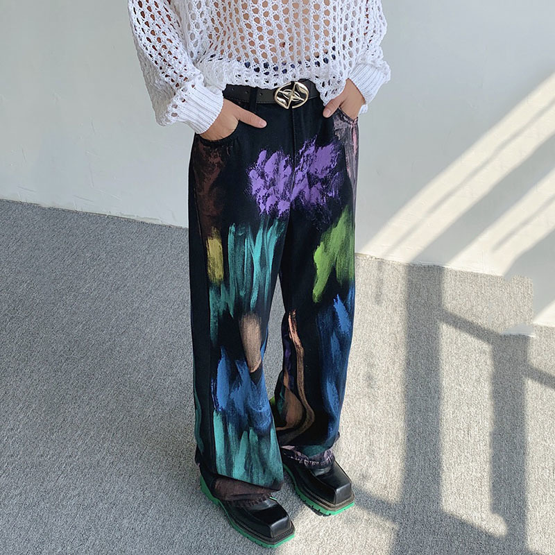Mens Jeans FEWQ Colorful Graffiti Stitching Color Male High Street Denim Trousers Casual Wide Leg Pants Trendy 24B3326 230809