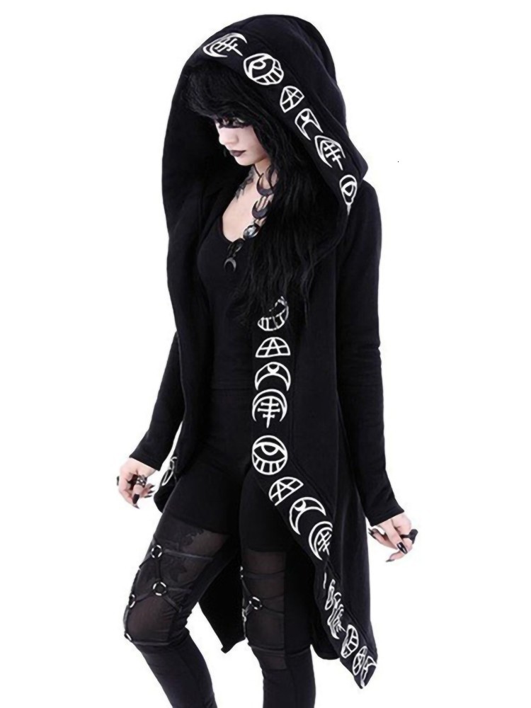 Women's Hoodies Sweatshirts Gothic Punk Black Long Women Hoodies Sweatshirts Halloween Moon Print Long Sleeve Hoodie Women Loose Coat Hooded Swea