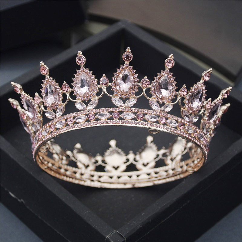 Wedding Hair Jewelry Teardrop Tiaras and Crowns Pink Red Diadem Royal Queen King Full Circle Ornaments Bridal Wedding Hair Jewelry Party Accessories 2