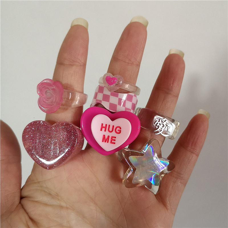 Wedding Rings Kpop Cute Goth Pink Transparent Flower Heart Star Resin Acrylic Rings Set For Women Egirl BFF Y2K Aesthetic Jewelry Accessories 230808