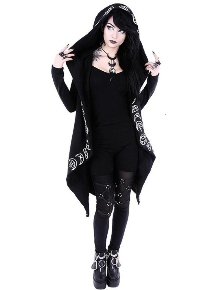 Women's Hoodies Sweatshirts Gothic Punk Black Long Women Hoodies Sweatshirts Halloween Moon Print Long Sleeve Hoodie Women Loose Coat Hooded Swea